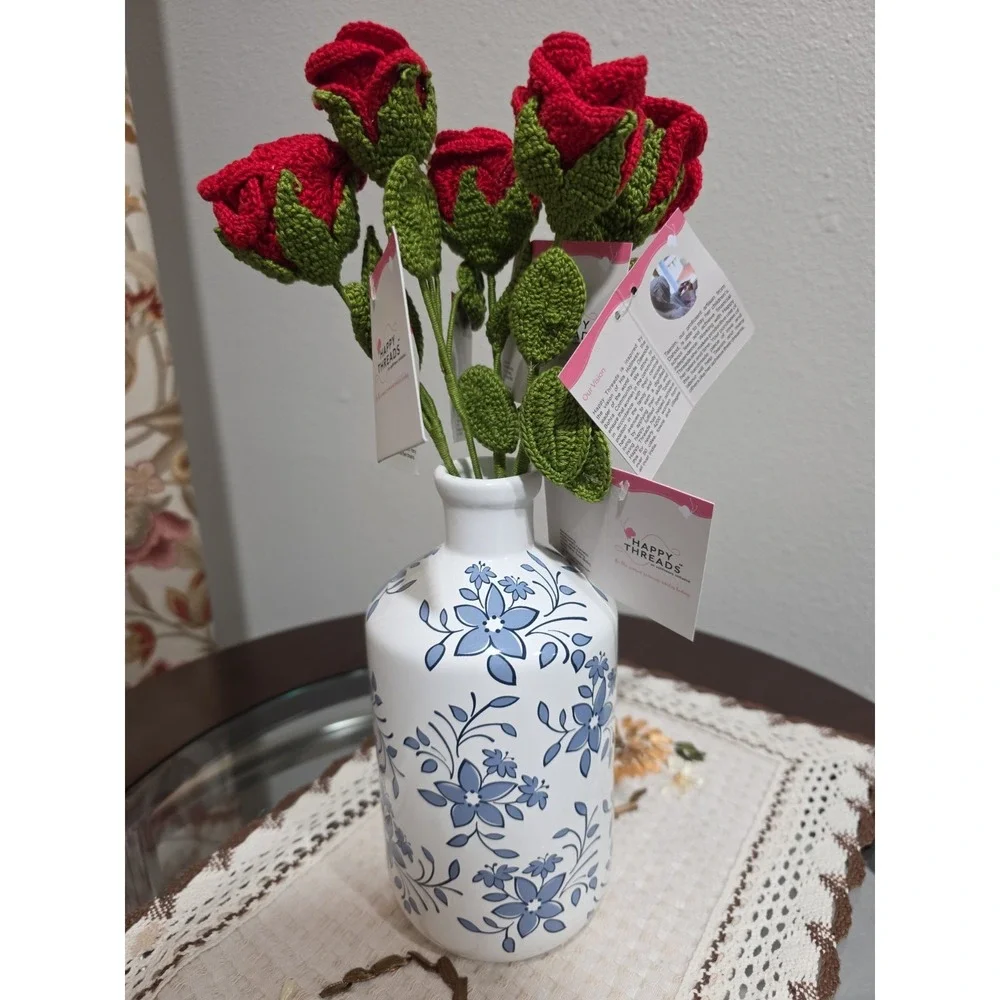 Set of 5 Handmade Crochet Red Rose Stems – Artificial Floral Decor